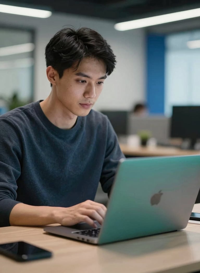 A professional software developer in a modern North American / US office setting, using a high-end laptop with Muted Teal light reflections, background with Steel Blue accents.