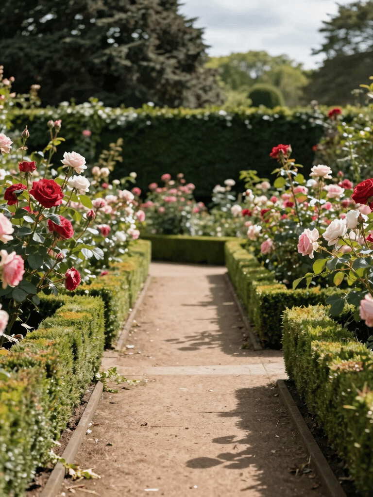 A classic English garden path with blooming roses and well-maintained green hedges, sunny afternoon, Europeu / Britânico