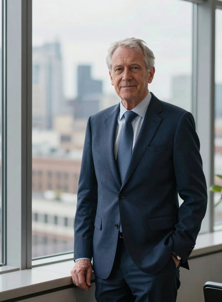 A professional portrait of a senior consultant in a British office setting, standing by a window with a soft-focus cityscape behind, wearing a navy suit, exuding expertise and trust.