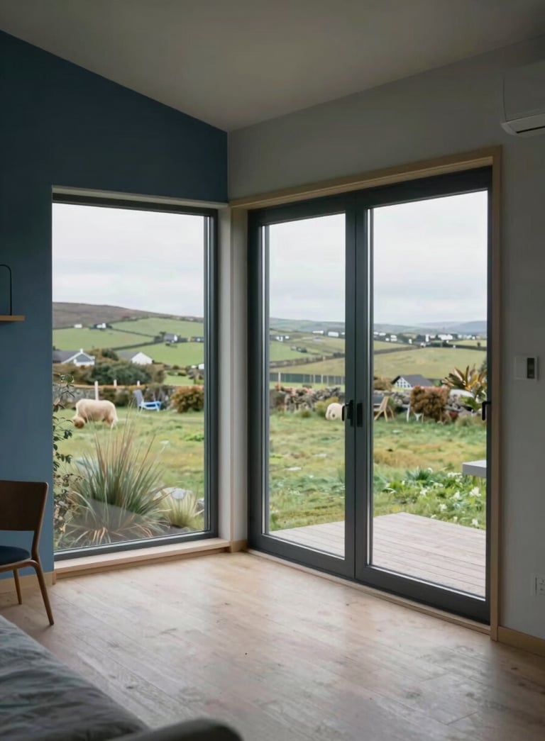 High-angle shot of a minimalist, modern modular home interior with large glass windows showing the Irish countryside, slate blue and light blue accents in the decor, soft natural light, Northern European style.