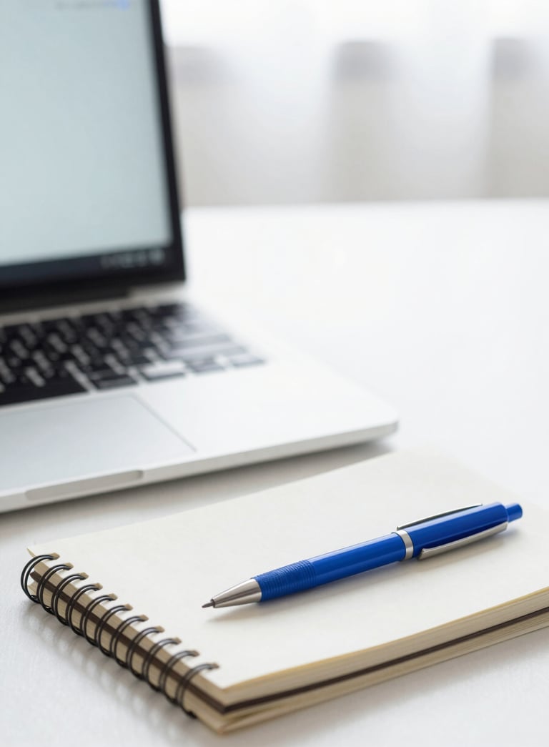 A clean, minimalist workspace with a laptop, a notebook, and a professional blue pen on a desk. Soft natural lighting. Colors: #F5F8FA, #A0C2D9, #1E3A4D.