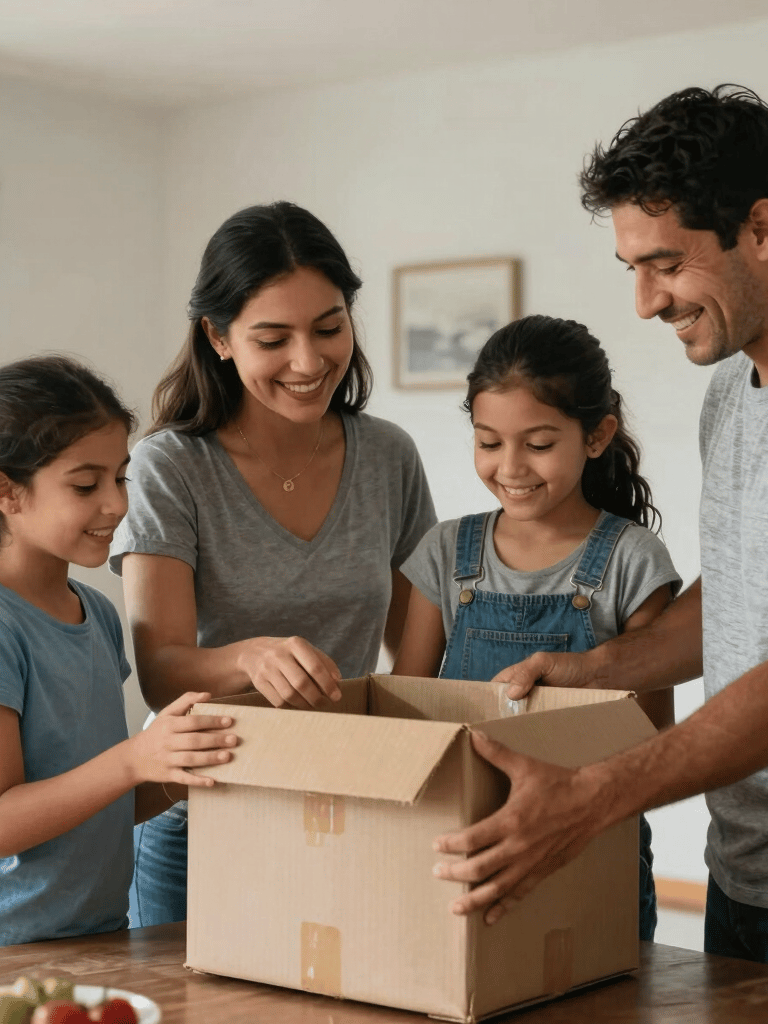 Photography of a happy family in a South American / Latin home opening a large delivered package. Warm indoor lighting, clean and modern home setting, palette of soft greys and blues.