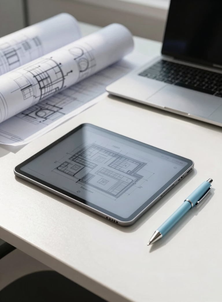A professional architectural workspace in Brazil featuring a large HVAC blueprint, a modern digital tablet, and a light blue technical pen on a clean white desk, bright morning light.
