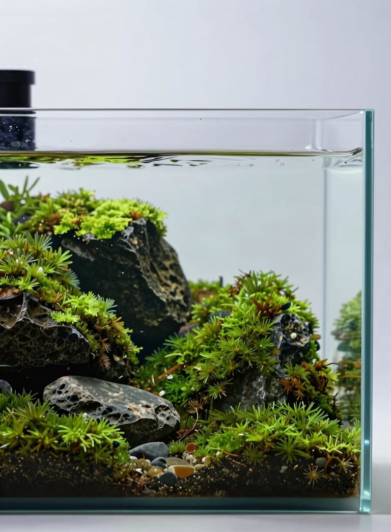 A high-end, rimless glass aquarium featuring a lush Iwagumi style layout with vibrant green moss and dark stones. Crystal clear water with a gentle ripple on the surface against a soft #EDF3F1 background, embodying sophisticated aquatic harmony.