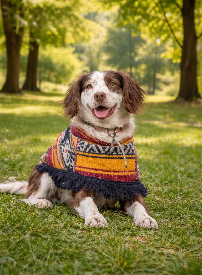 Perrito en un parque lleno de árboles y pasto verde