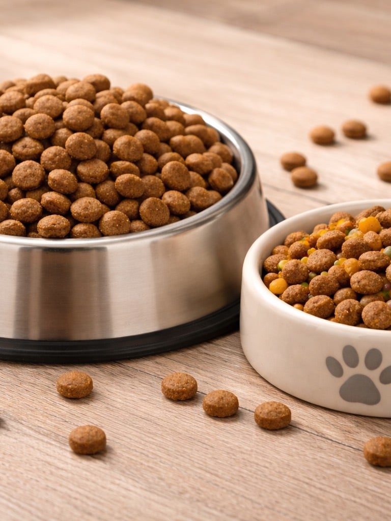Croquetas de perro y gatos servidos en platos