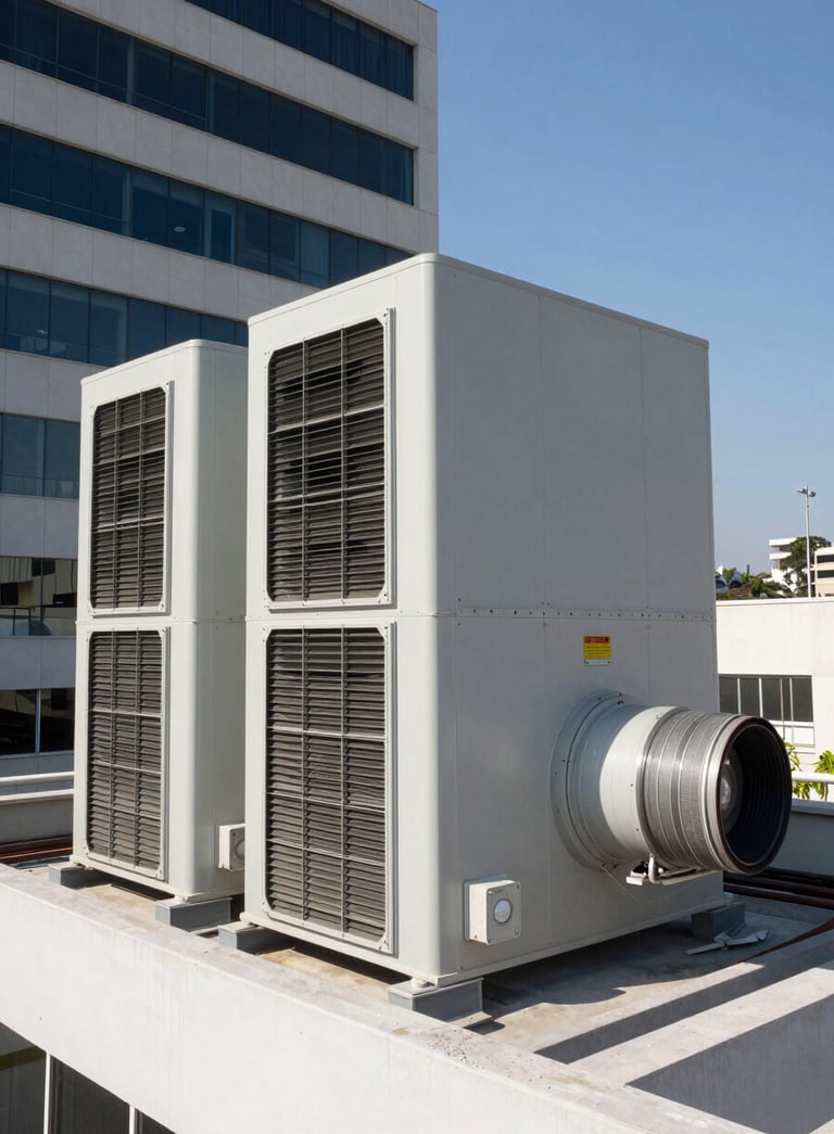 Large scale industrial air handling units on the rooftop of a modern Brazilian office building, bright sunny day, professional photography showing installation quality, light gray and blue sky background.
