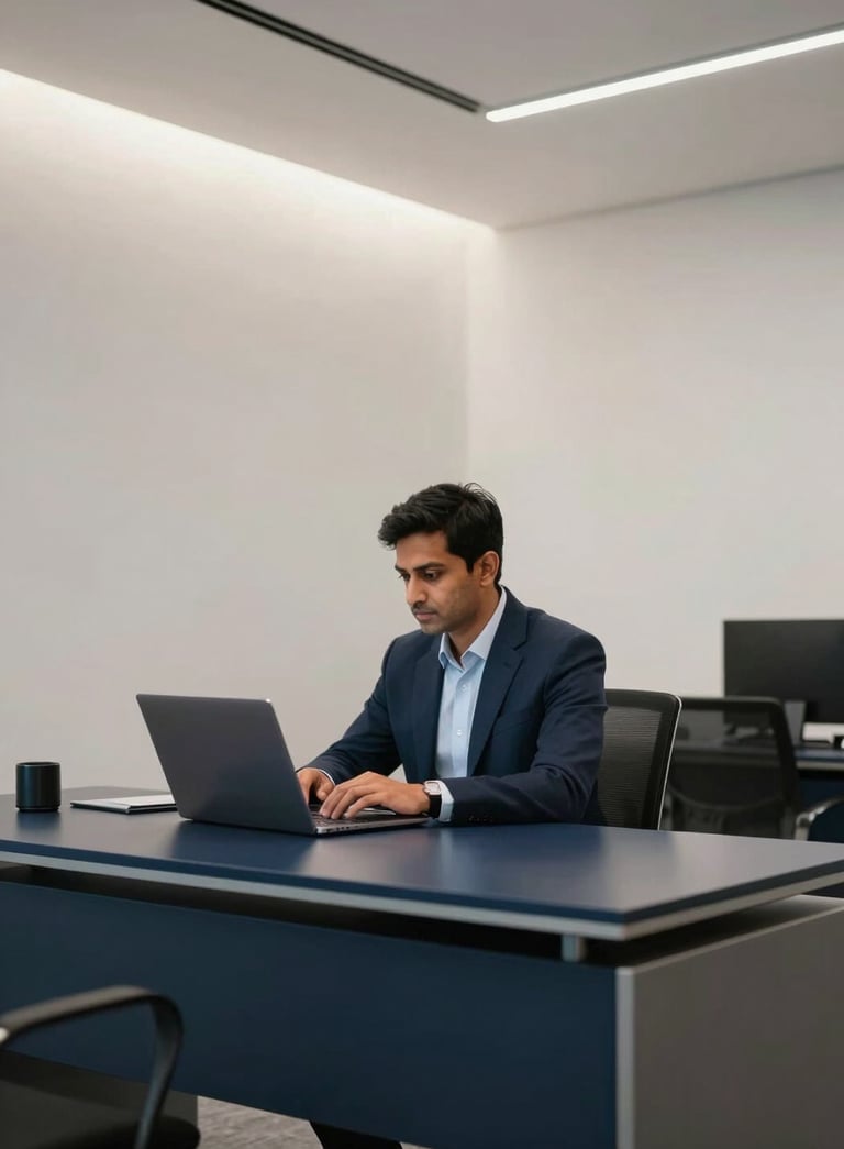 A professional in a modern South Asian / Indian office working on a sleek laptop, Soft Arctic White walls, Deep Navy desk accents, sophisticated lighting, wide angle.