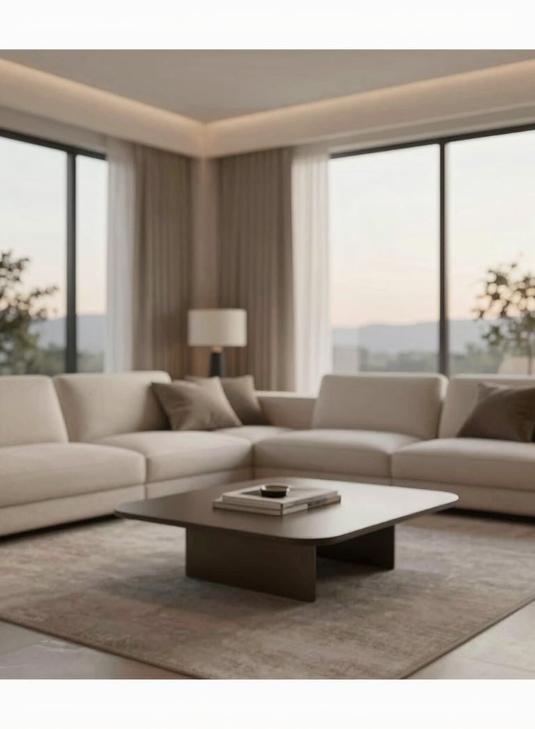 A minimalist and sophisticated living room scene with high-end furniture, featuring a palette of #6B5B4F and #F2ECE7, soft evening light coming through large windows, modern renovation style.