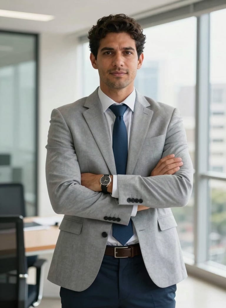 A portrait of a confident Brazilian executive in professional attire standing in a bright, modern office building in São Paulo, natural morning light, professional and authoritative mood, light gray and navy blue tones.