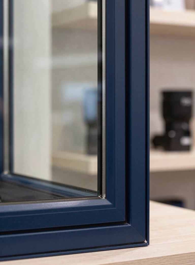 A close-up shot of the corner of a high-quality impact window frame in a North American / Florida showroom, showing the thick multi-pane glass and robust midnight blue frame, polished and modern aesthetic, soft studio lighting.