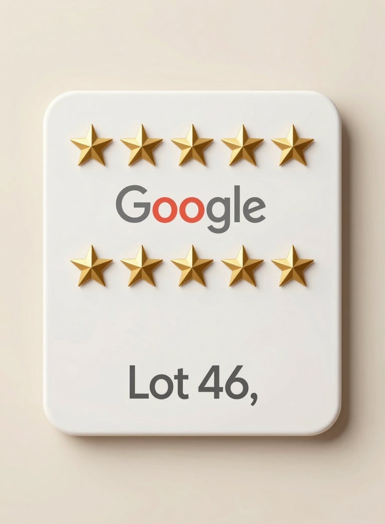 A professional 5-star Google review badge elegantly displayed on a clean cream background, with gold amber stars and sharp typography, suggesting local trust in Lot 46.