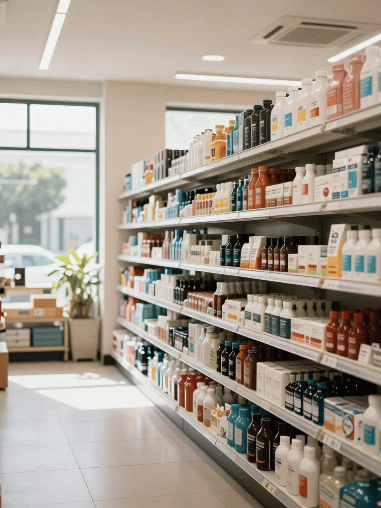 A clean and modern retail store interior in Brazil, showing organized shelves with diverse consumer products, bright natural lighting through large windows, and a professional, welcoming atmosphere.