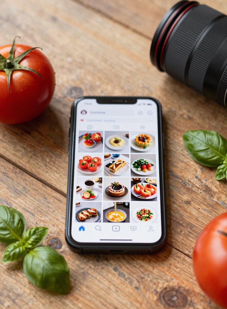 A sophisticated social media flat lay on a rustic wooden table. Features a high-end smartphone showing a curated Instagram grid of food, surrounded by a ripe tomato (#9B2226), fresh basil, and a professional camera lens. Natural, warm morning light, Scandinavian minimalism.