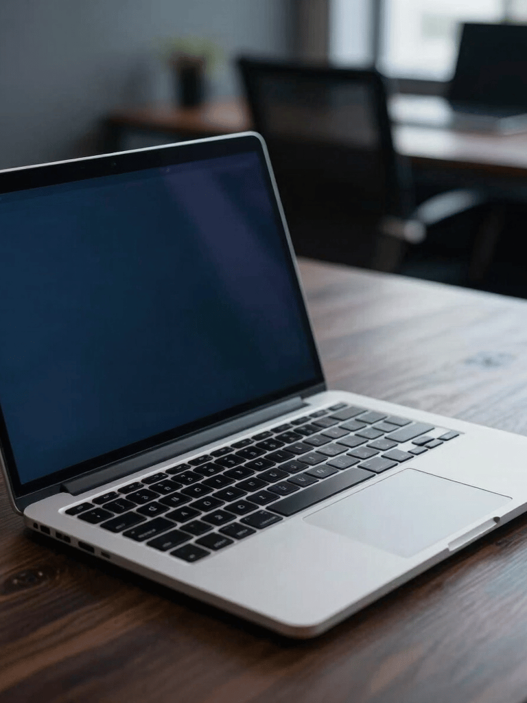 Minimalist high-end laptop on a dark wood desk, soft focus on the keyboard, atmospheric navy blue lighting, North American office interior.