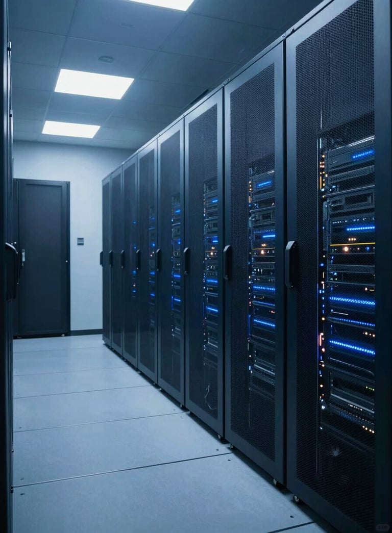 A professional wide-angle shot of a futuristic, secure North American server room with dark blue panels and soft light blue ambient lighting, reflecting a sense of advanced security.