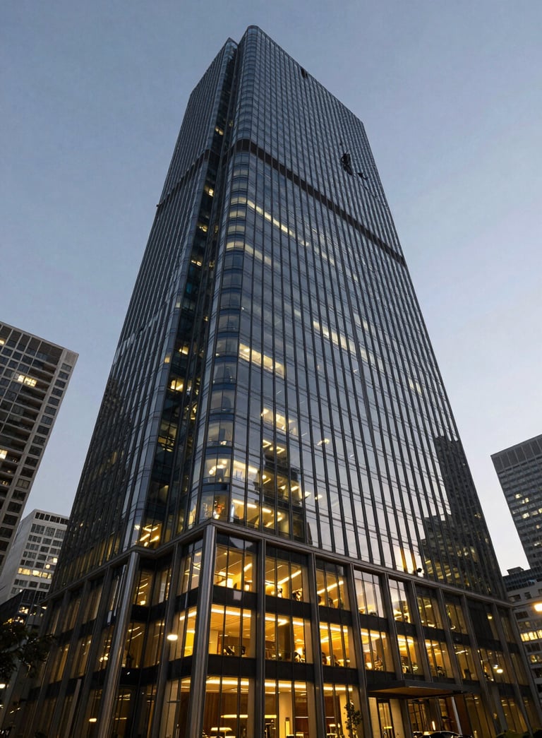 A wide-angle shot of a modern glass high-rise in an International / Global financial district during twilight, with soft gold interior lights reflecting on the deep navy steel and glass architecture.