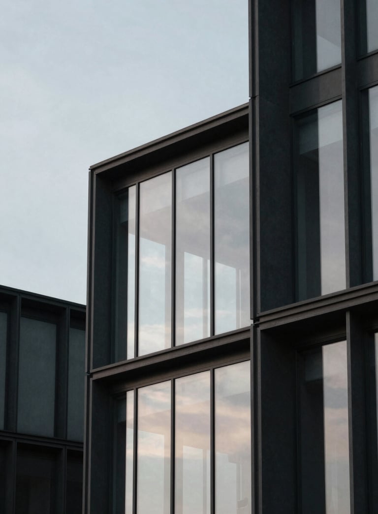 A minimalist wide shot of a contemporary building with glass facades reflecting a pale ash sky, framed with dark charcoal structural elements.