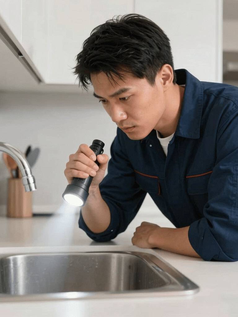 A focused North American / US plumber in a clean dark blue uniform inspecting a kitchen sink with a flashlight, professional lighting, modern kitchen setting, clean and trustworthy feel.