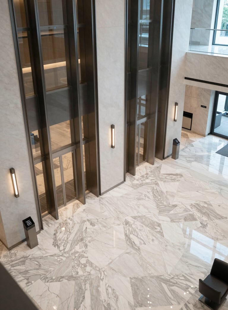 A high-angle view of a professional, modern corporate lobby with clean lines, marble floors, and glass elevators, North American / International Business setting, soft natural lighting.