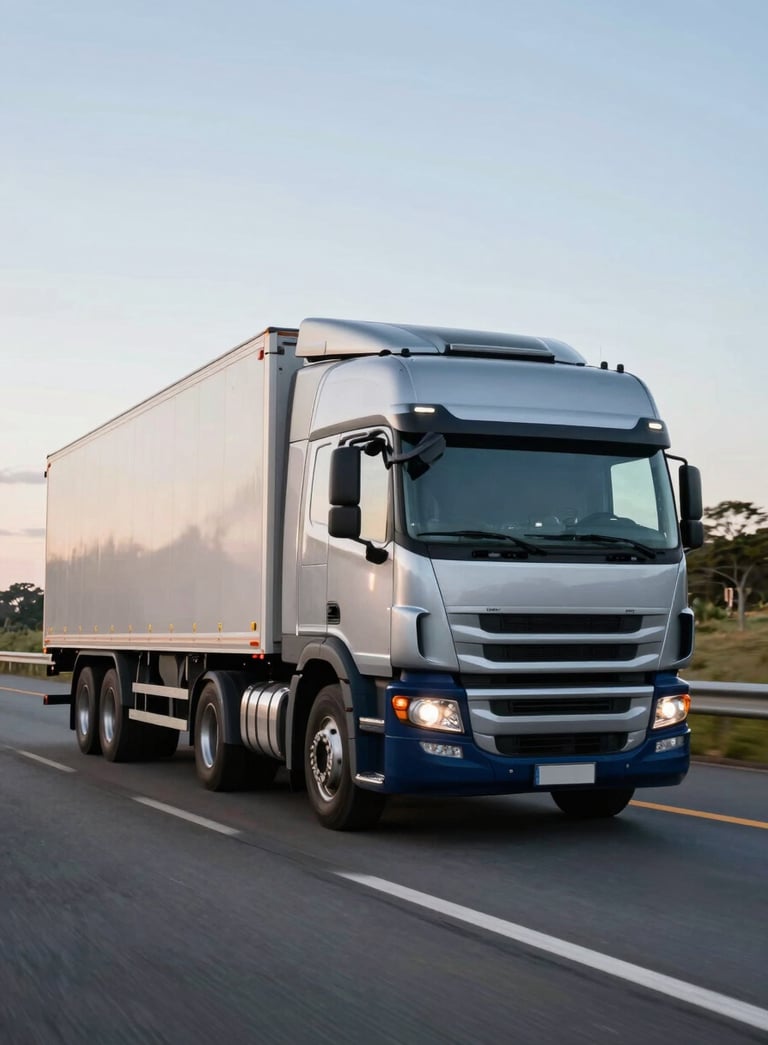 A modern semi-truck driving on a scenic highway in Brazil during the afternoon, clean lines, silver and navy blue tones, emphasizing speed and efficiency.