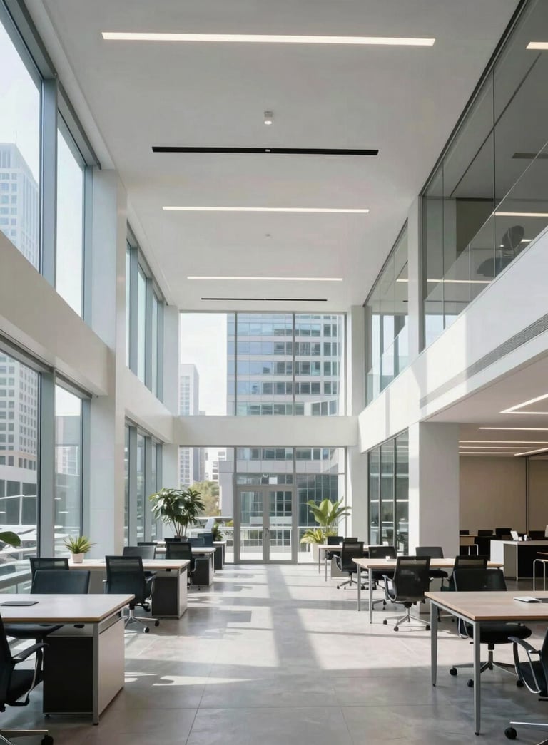 A wide-angle shot of a bright, modern office in a North American city. High ceilings, glass walls, and minimalist furniture. The lighting is natural and crisp. Soft accents of deep charcoal and cloud gray are visible.
