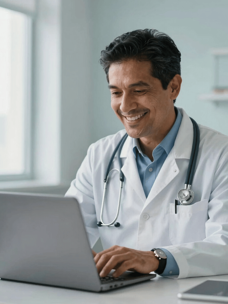 A professional South American doctor in a bright, modern office, smiling warmly while looking at a laptop. Soft natural lighting, professional medical setting with pale blue and white colors.