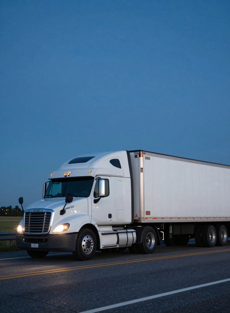 A modern semi-truck with a clean white trailer driving on an open North American highway, dusk lighting with deep blue and medium blue sky tones.