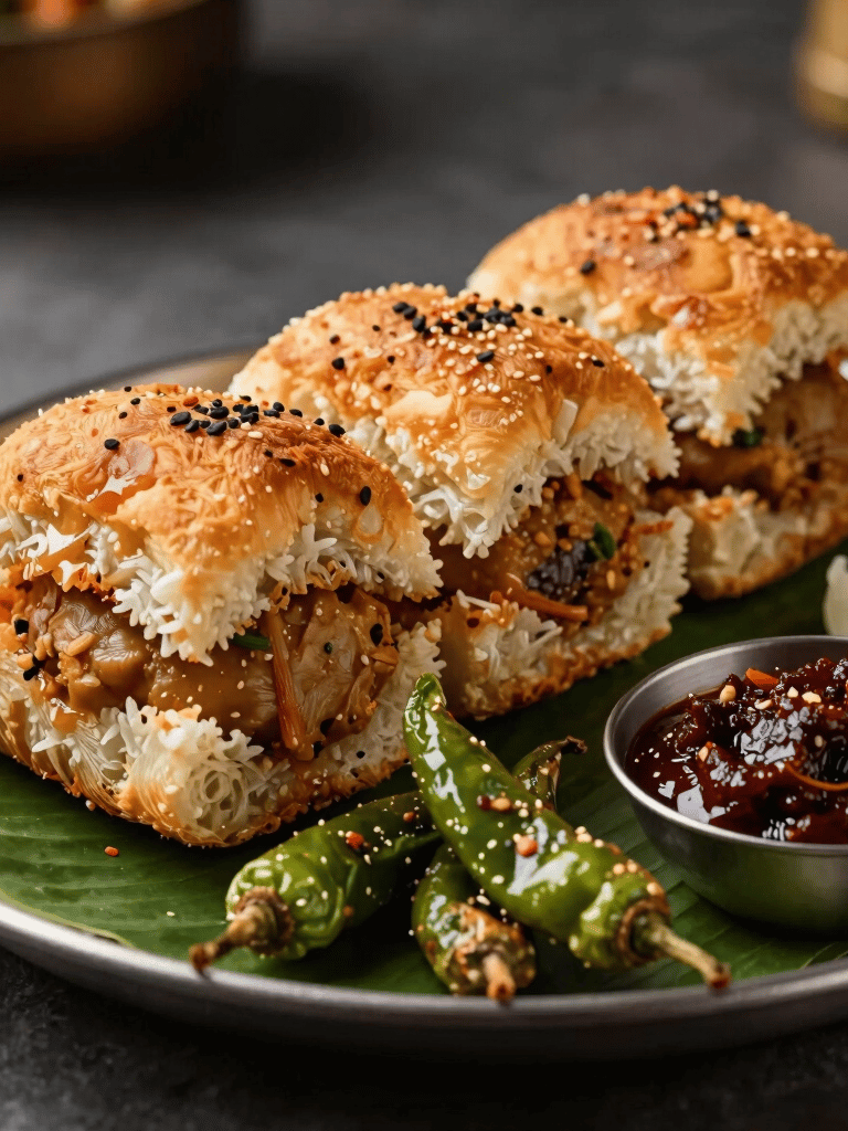 A mouthwatering, close-up shot of crispy golden Vada Pav served on fresh banana leaves in a South Asian / Indian restaurant setting. Next to it sit fried green chilies and dark red garlic dry chutney, emphasizing Maharashtrian street food heritage crafted with professional culinary refinement.