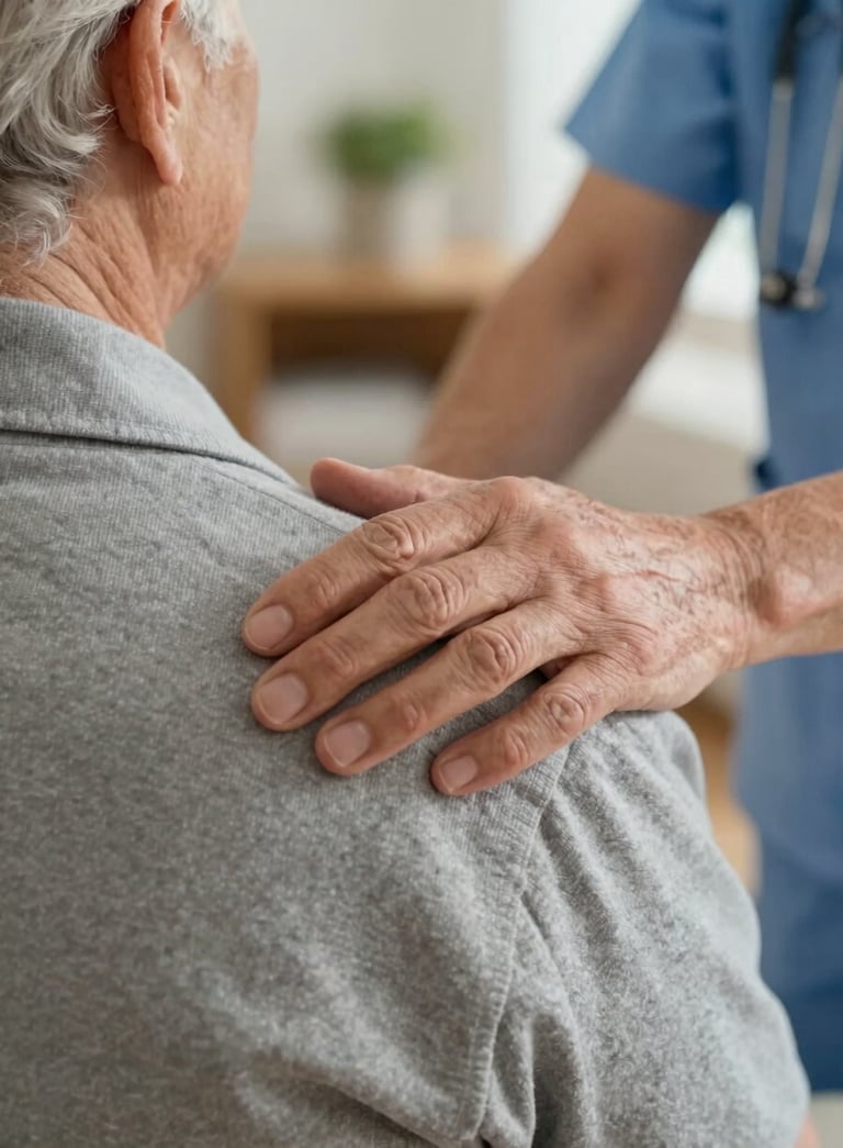 A close-up photograph of a professional caregiver's hand gently resting on an elderly person's shoulder, set in a cozy North American home, conveying deep empathy and support.