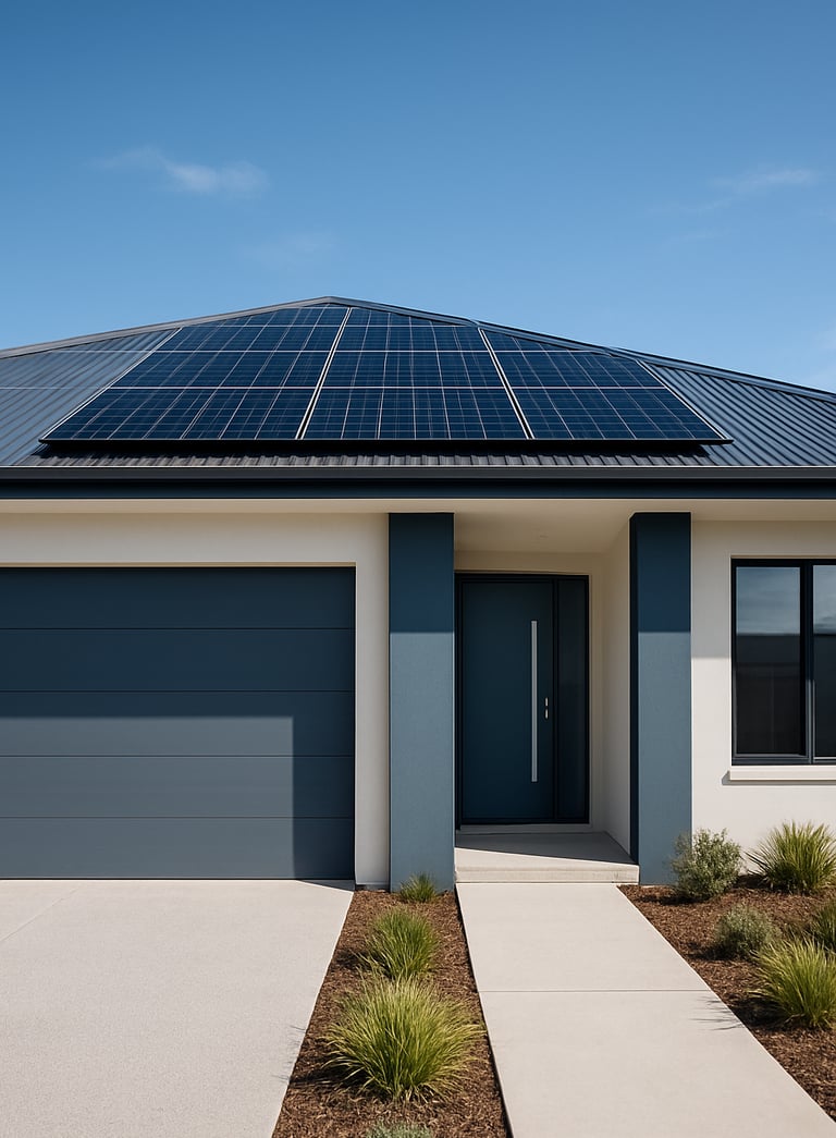 Wide angle photography of a modern Australian house with solar panels, bright daylight, emphasizing energy efficiency. Clean architectural lines with Steel Blue accents and Ice White walls.