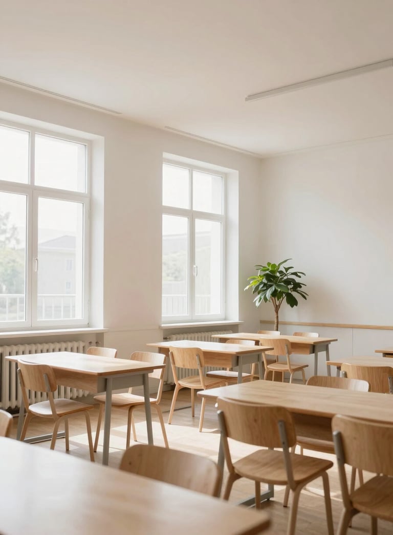 A minimalist, sun-drenched classroom interior with high ceilings, large windows, and simple wooden furniture. The palette is dominated by soft off-white and warm sand tones, with a single green plant in the corner. Nordic photography style, clean and calm.