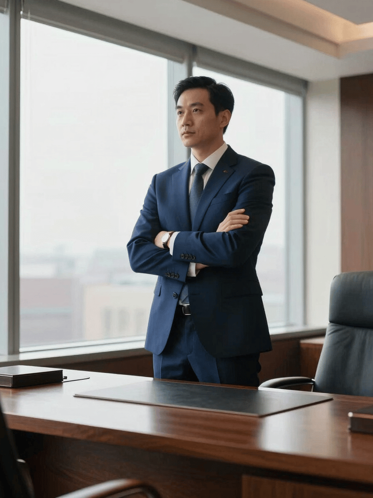 A professional attorney in a sharp navy blue suit standing in a sunlit, high-end North American law office with floor-to-ceiling windows and a mahogany desk, exuding confidence and trust.