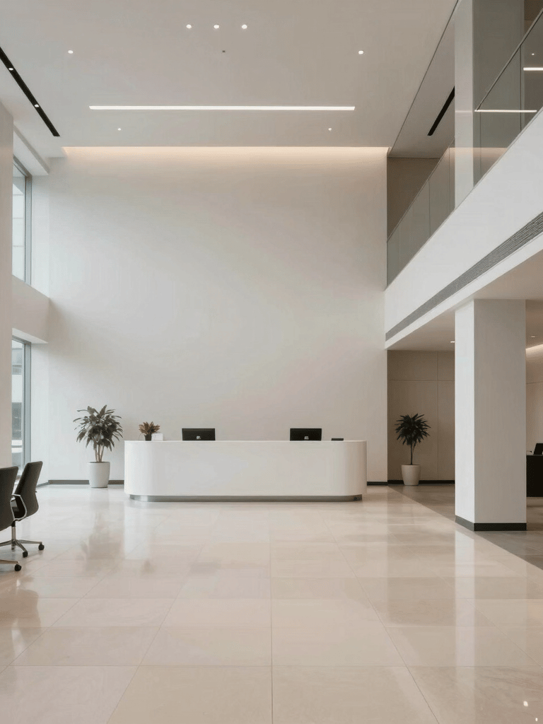 A professional and minimal wide shot of a modern business lobby in North America with clean lines and soft lighting.