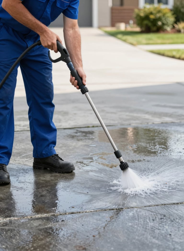 A professional technician using a high-pressure wand to clean a modern concrete driveway. The scene is bright and highlights the transformative contrast between the wet, clean surface and the surrounding area. The technician is wearing professional gear, reflecting the brand's dependable mood. Colors incorporate deep blues like #1A2A3A and bright highlights.