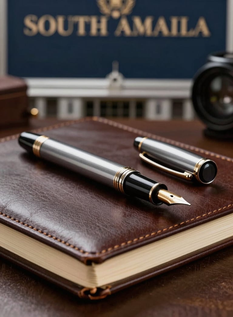 A high-end, close-up photograph of a vintage fountain pen resting on a leather-bound journal, with a blurred background of a dark navy blue and silver office in a South American governmental building. Lighting is dramatic and focused, emphasizing academic authority.