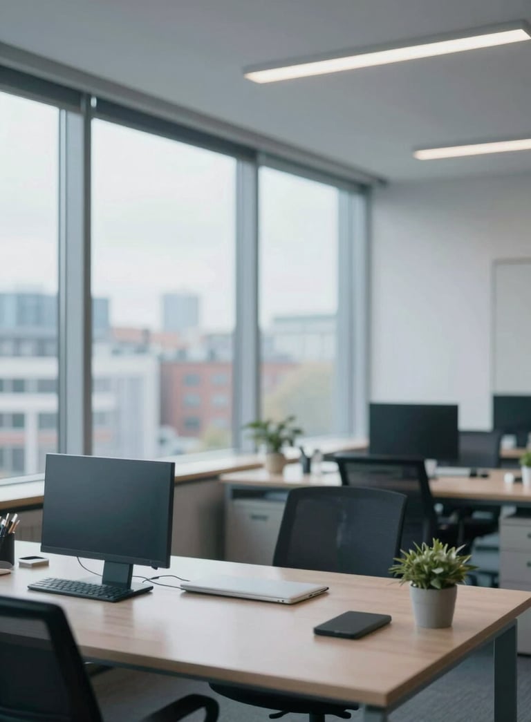 A professional and clean office environment in Bremen with large windows overlooking a city scene. The room is perfectly organized, dust-free, and bathed in calm, natural morning light. Brand palette colors #1A2C3C and #A7BFCF are subtly present in the decor.