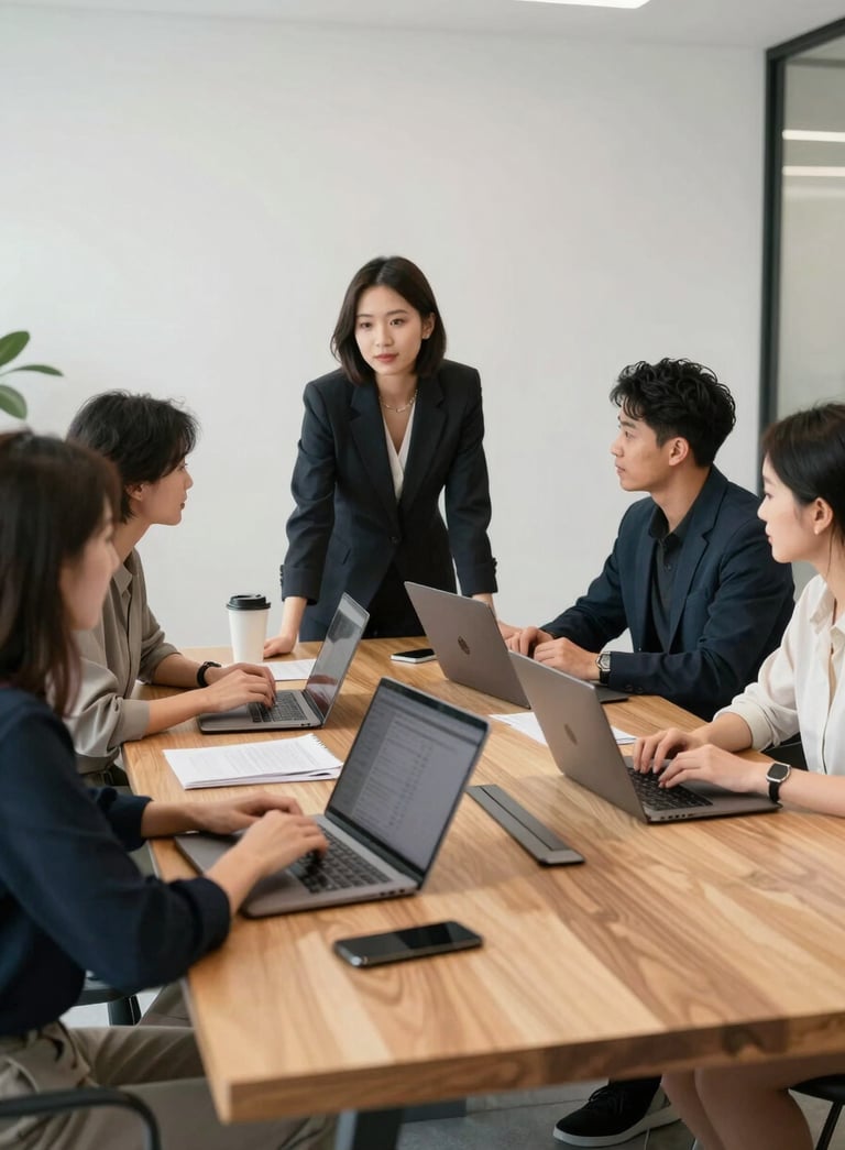 A professional North American marketing team in a bright, modern office collaborating around a large wooden table with sleek laptops and high-end tech, minimalist and corporate aesthetic.