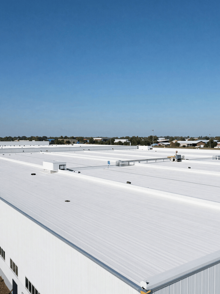 Wide-angle photograph of a large, clean white commercial flat roof on a massive distribution center in New Jersey, clear blue sky, professional industrial photography style.