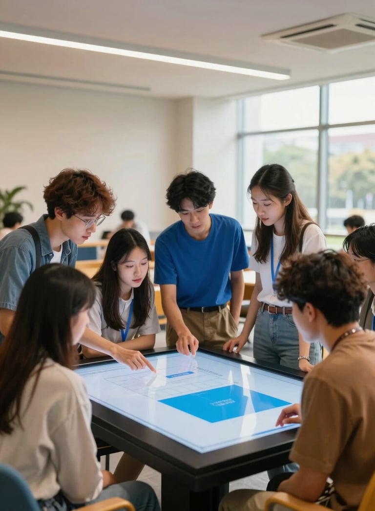 A group of young adult students in a modern US campus lounge, collaborating around a large touchscreen display. The atmosphere is energetic and friendly, with a vibrant Sky White and Bright Blue aesthetic. Wide-angle shot, professional photography with soft, warm daylight.