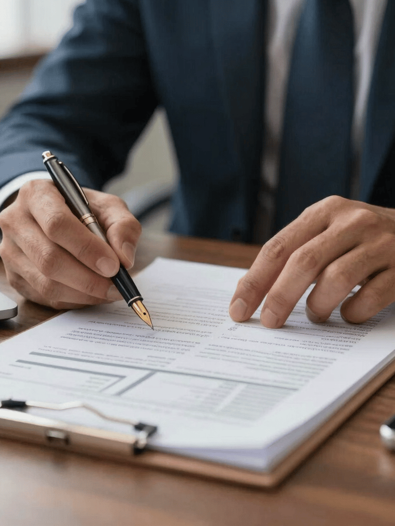 A close-up photograph of a professional in business attire reviewing financial documents with a fountain pen in a North American / US office setting, soft natural lighting.