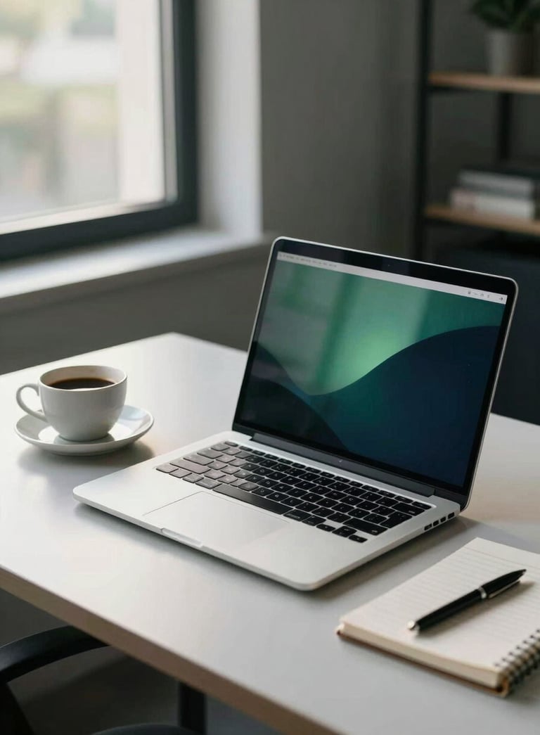 A professional and modern workspace with a high-end laptop, a cup of coffee, and a notebook on a clean desk. Soft morning light coming through a window, reflecting persian green and midnight blue tones from the office interior.