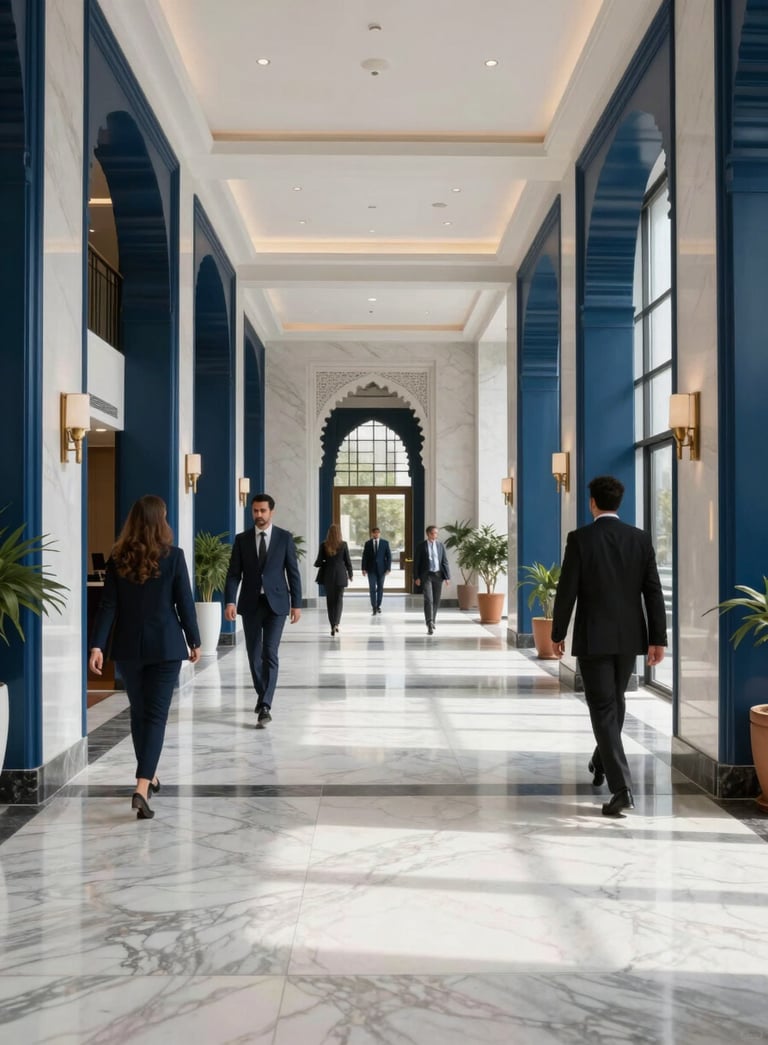 A wide-angle shot of a sleek, modern Moroccan office lobby with white marble floors, navy blue accents, and professional individuals in business attire walking through a sunlit corridor.