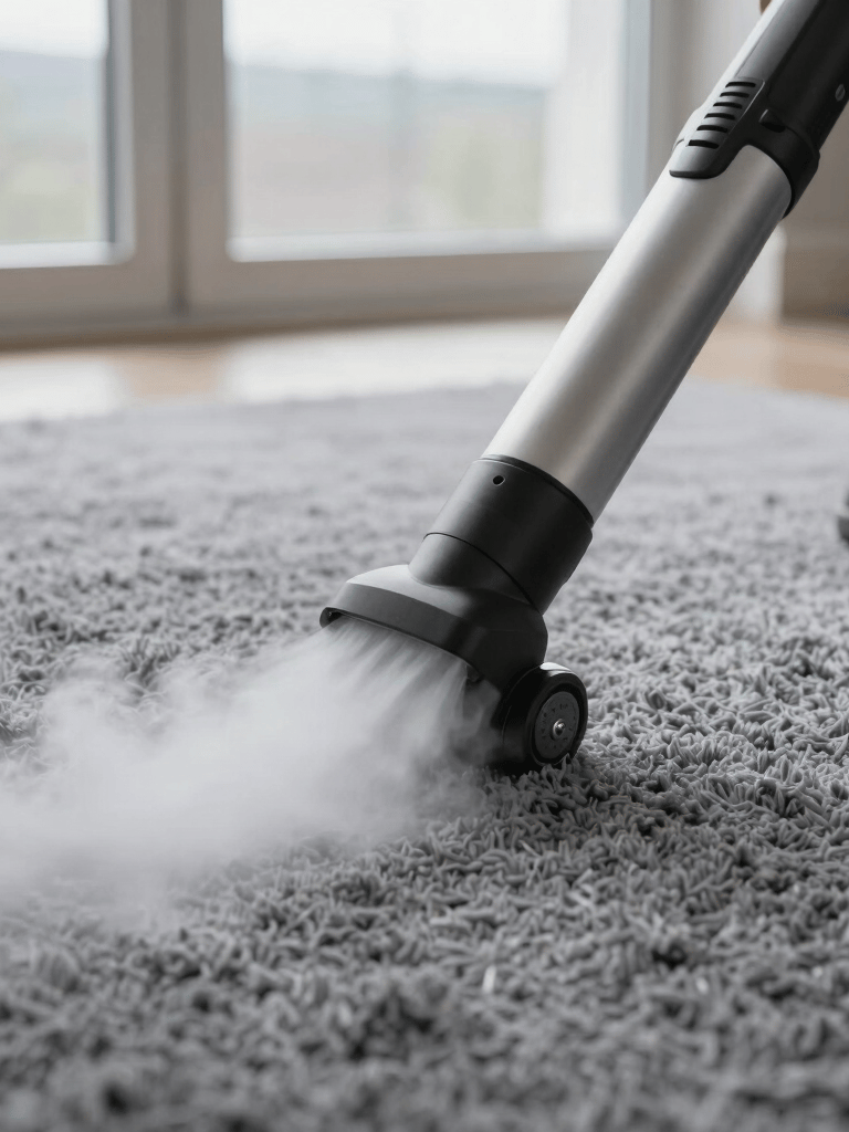 A close-up photograph of a professional steam cleaning wand moving across a plush, high-pile grey carpet, steam rising slightly, soft daylight from a window in Virginia, modern and clean atmosphere.