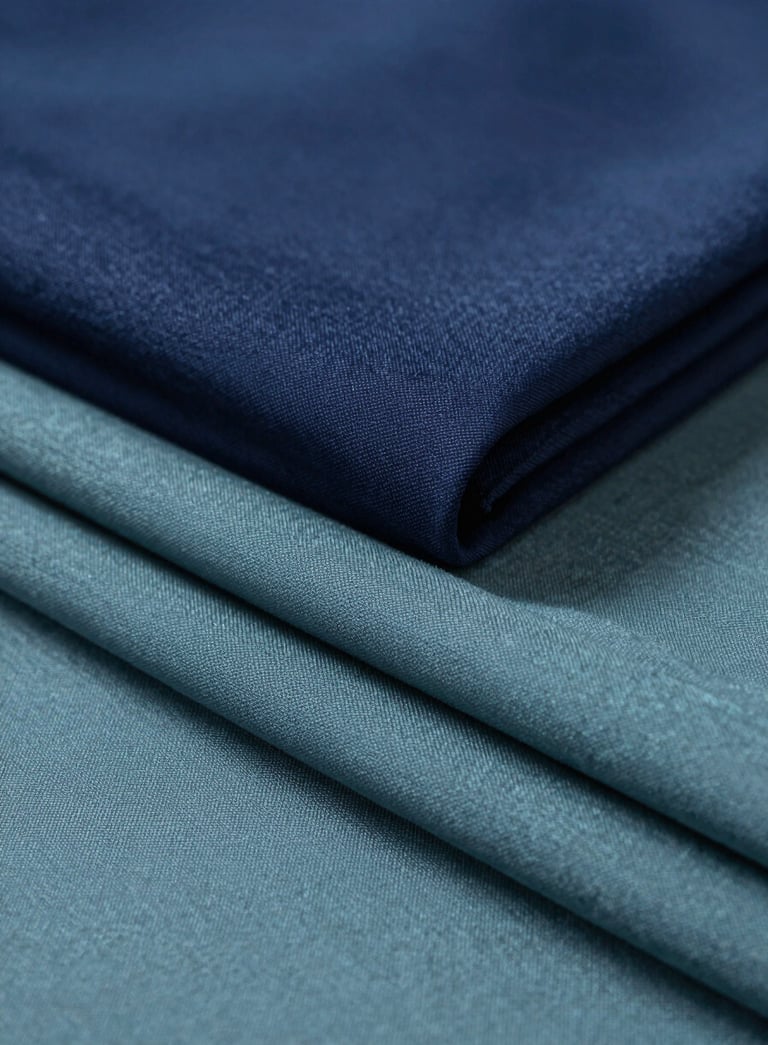 A professional and sophisticated studio shot of folded luxury fabrics in shades of navy blue #283645 and muted teal #5B7B7C. The composition is clean and minimalist, with soft lighting highlighting the fine texture of the weave.
