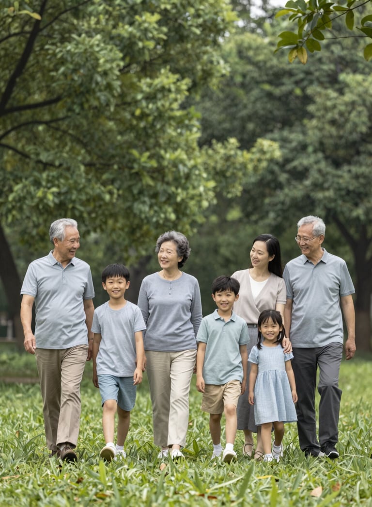 A multi-generational family group walking together through a lush park, captured in a candid, professional style. The scene exudes trust and resilience. The color palette features natural greens and soft greys matching #6B7F67 and #A8B9A6.