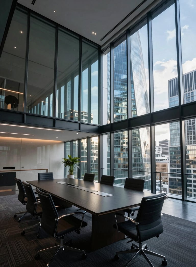 A professional wide-angle shot of a modern glass-walled boardroom in a London skyscraper. The room is filled with morning sunlight, reflecting light blue and dark blue tones. The mood is strategic and innovative.