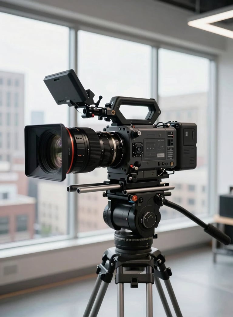 A high-end professional cinema camera mounted on a tripod in a modern, bright media studio, North American city view visible through large windows in the background.