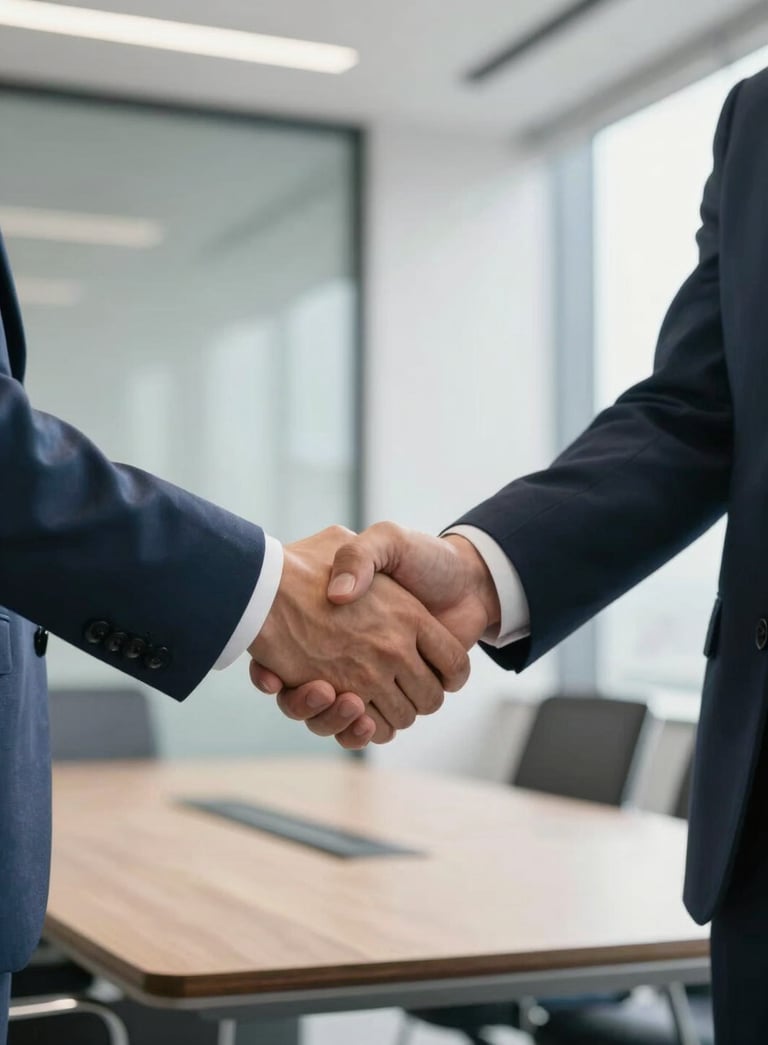 A professional close-up of two people in dark blue business suits shaking hands in a sunlit, modern corporate boardroom with a minimalist aesthetic.