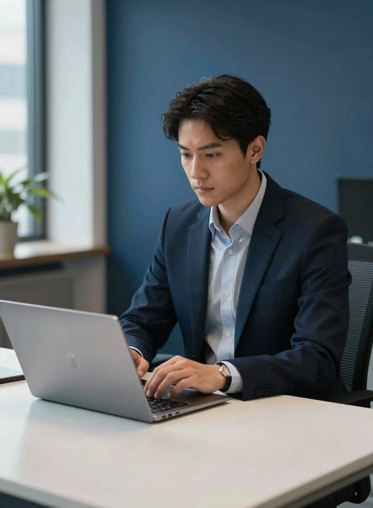 A professional business setting in a North American corporate office, featuring a clean white desk with a high-end laptop and a focused atmosphere, utilizing soft natural lighting and dark blue accents.